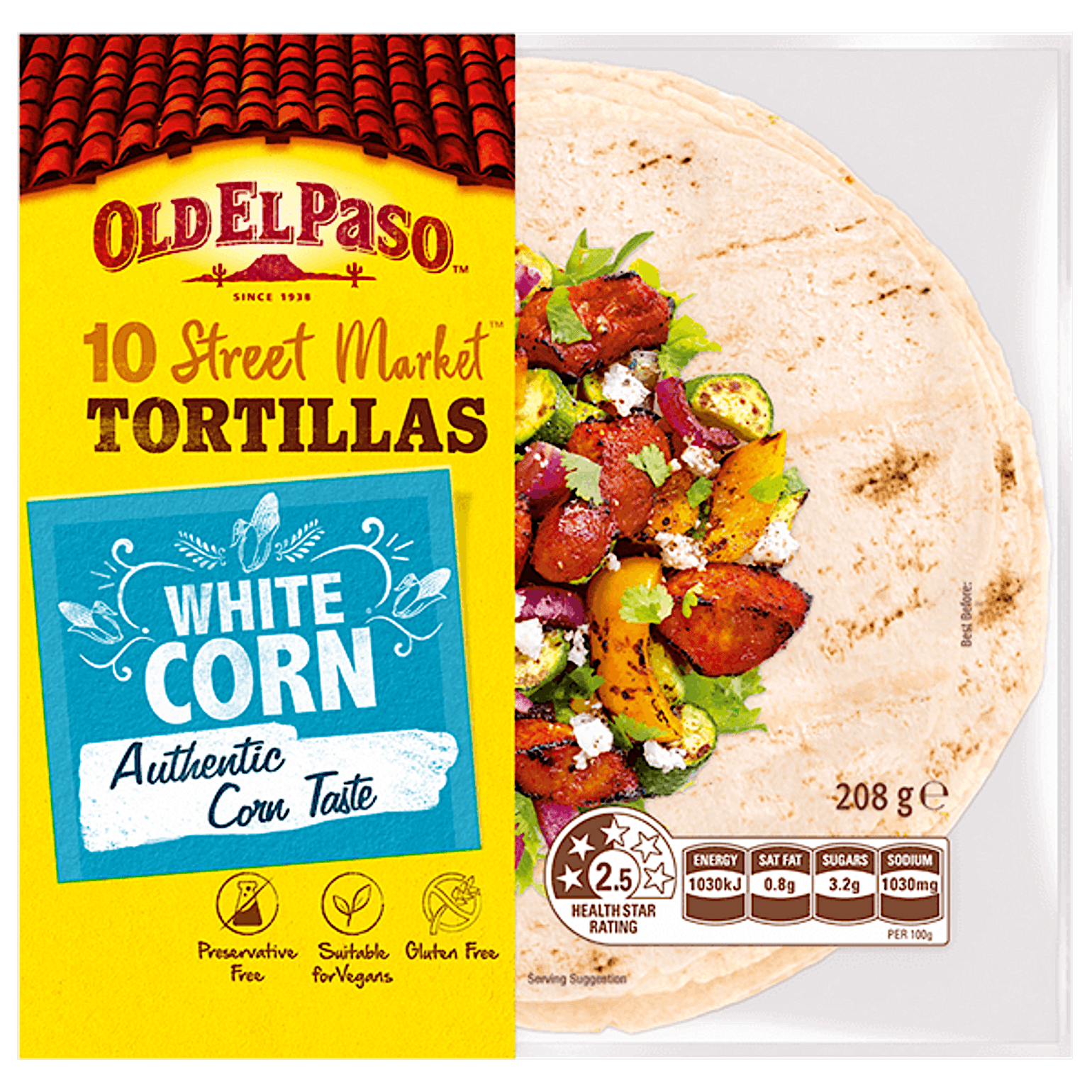 a pack of Old El Paso's 10 street market white corn tortillas (208g)